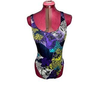 one piece swimsuit floral high cut blue green purple